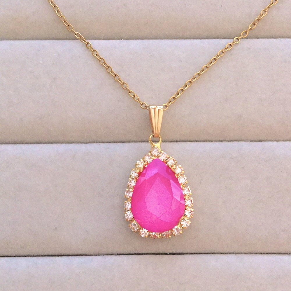 Hot Pink + Gold Crystal Halo Pear Drop Pendant Necklace - Picture 3 of 12
